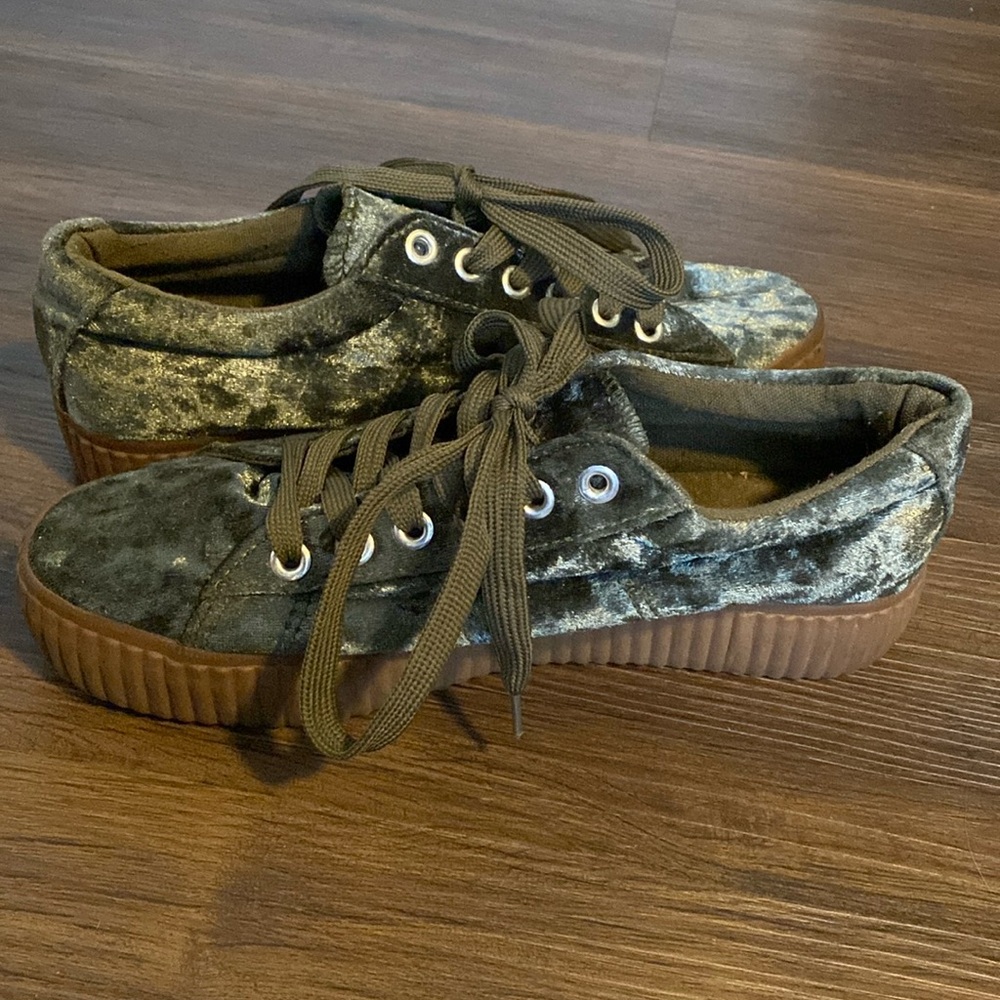 AKIRA - Olive Green Velvet Sneaker With Gum Bottom - Size 37/ U.S. 6.5